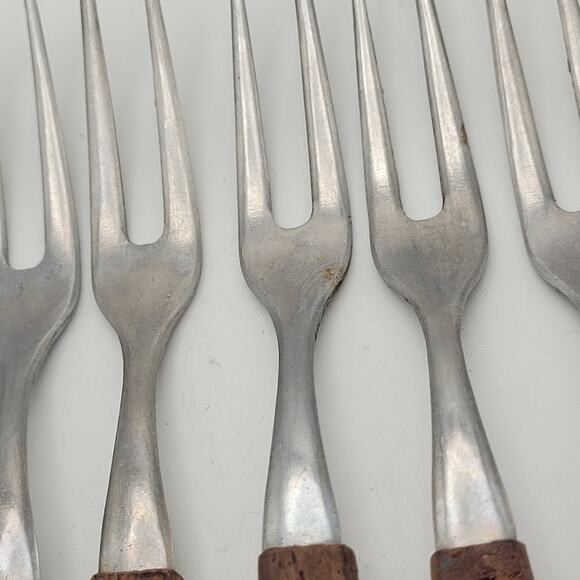 Vintage MCM Stainless Steel Wood Handle Appetizer Cheese Fondu Forks Set of 6 - Picture 3 of 5